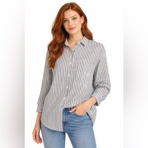 Vintage 80s Gray White Striped Button Down Shirt Embroidered Crest Pocket Blouse